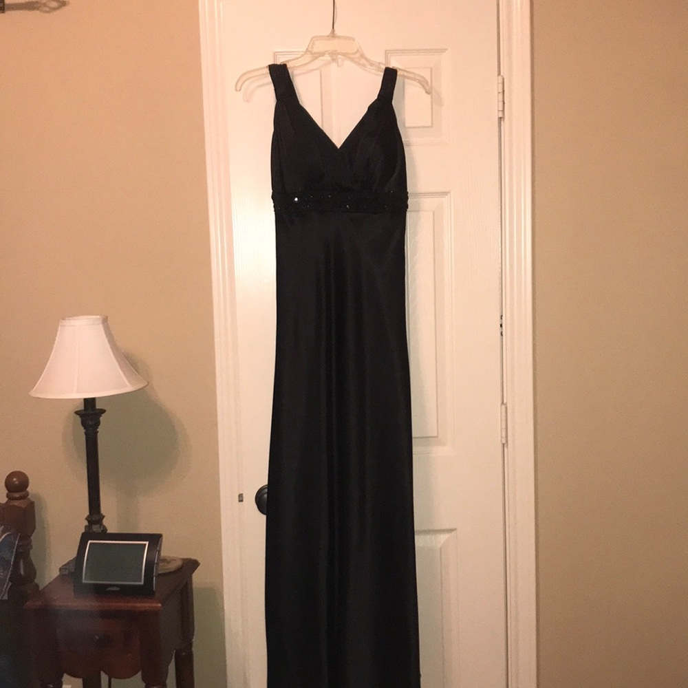 Black satin floor-length gown
